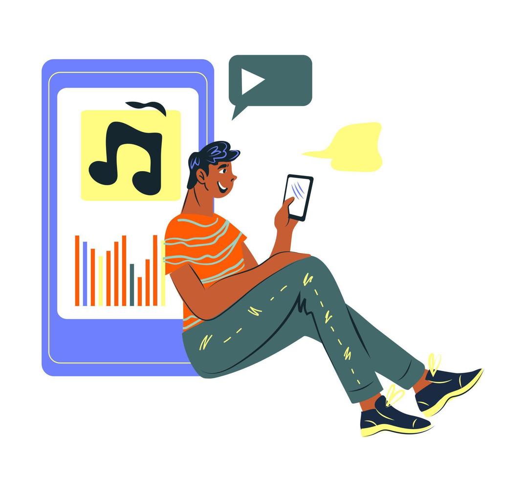 in linea Radio podcasting concetto con uomo ascoltando per musica su mobile applicazione. musica applicazioni e smartphone tecnologia per in linea Audio trasmissione. cartone animato vettore illustrazione.