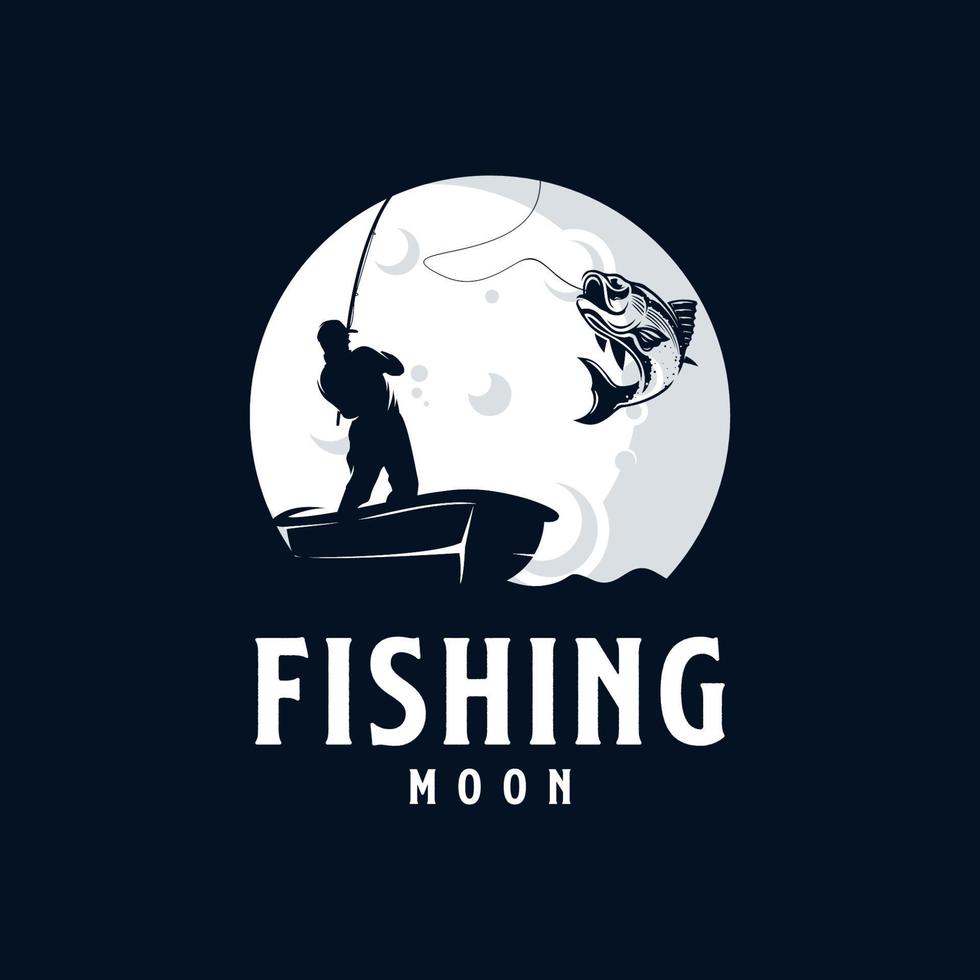pescatore pesca silhouette logo su il Luna logo design modello vettore