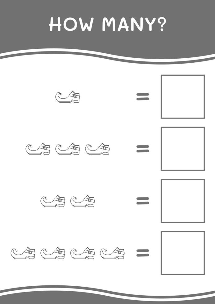 quanti di stivali leprechaun, gioco per bambini. illustrazione vettoriale, foglio di lavoro stampabile vettore