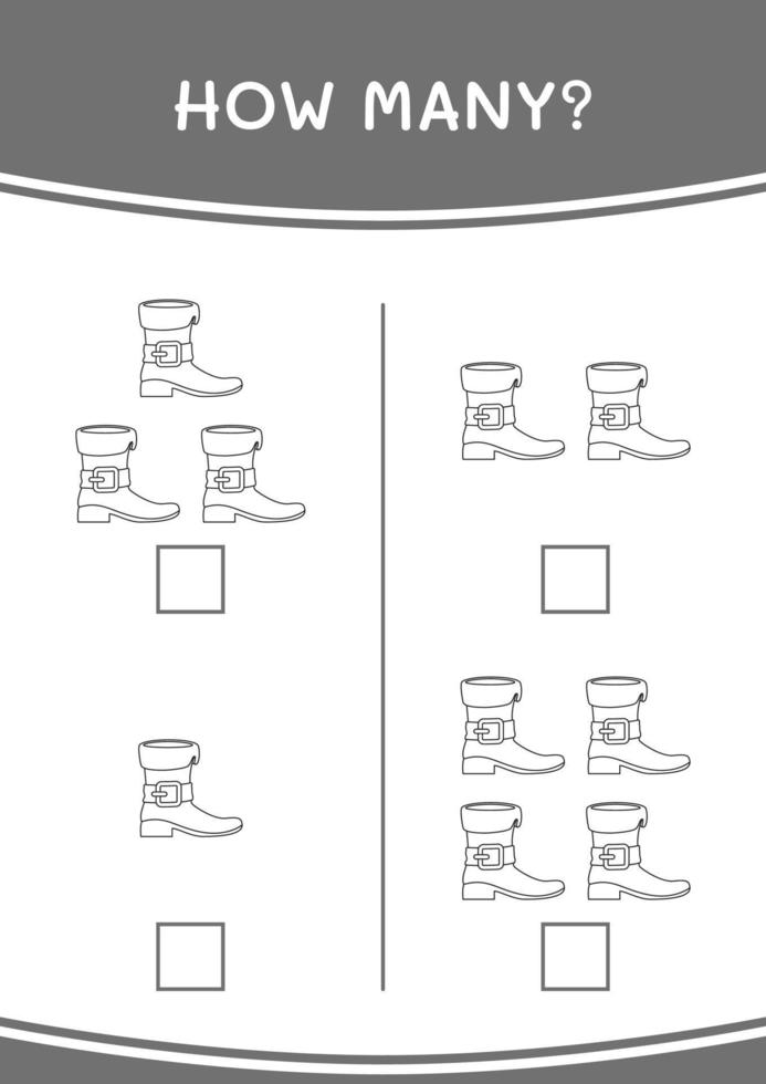 quanti di stivali leprechaun, gioco per bambini. illustrazione vettoriale, foglio di lavoro stampabile vettore