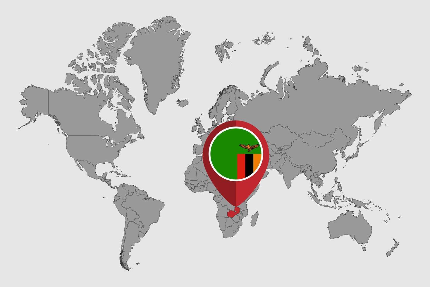 mappa pin con bandiera dello zambia sulla mappa del mondo. illustrazione vettoriale. vettore