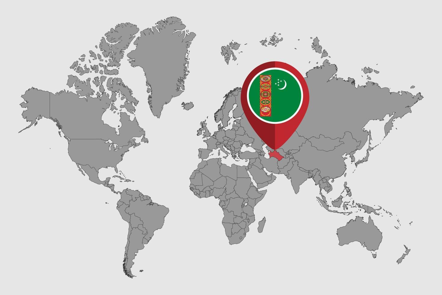 mappa pin con bandiera turkmeno sulla mappa del mondo. illustrazione vettoriale. vettore