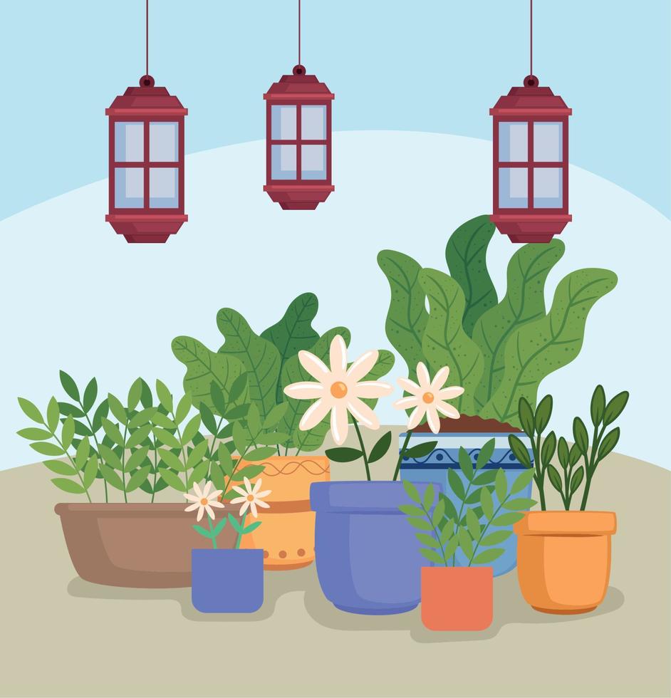 giardinaggio piante d'appartamento e lampade vettore