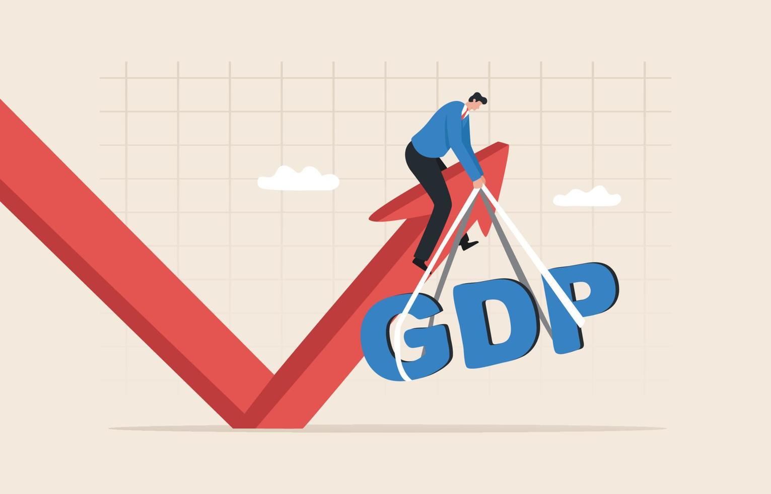 schifoso domestico Prodotto o PIL. recessione, attività commerciale, consumo, investimento. freccia cartello puntamento verso il basso. uomo d'affari provando per Tirare su il gdp su il freccia grafico. vettore