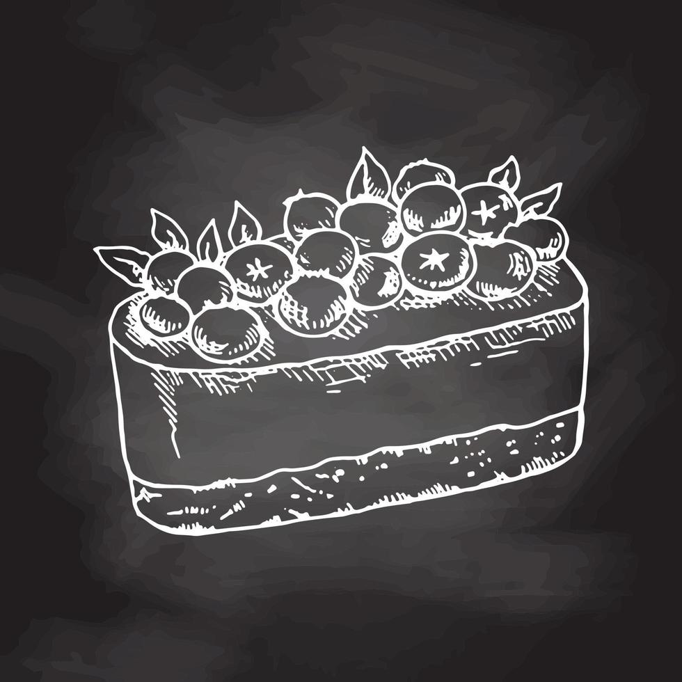gustoso dolce cremoso. illustrazione monocromatica vettoriale vintage. schizzo disegnato a mano di deliziosa torta con i mirtilli. elemento di prodotto gastronomia di design.