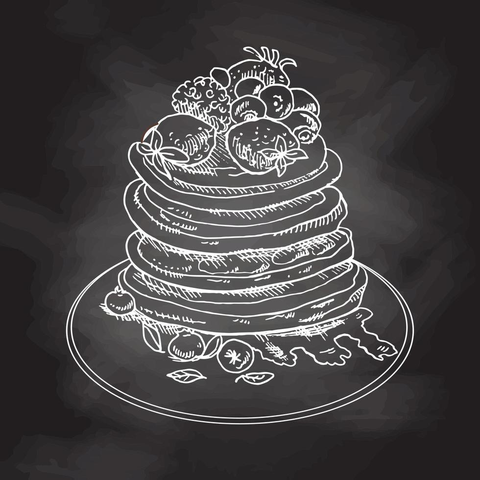 vettore Vintage ▾ pancake disegno. mano disegnato monocromatico cibo illustrazione. schizzo di Pancakes con frutti di bosco e sciroppo. bianca schizzo isolato su nero lavagna.