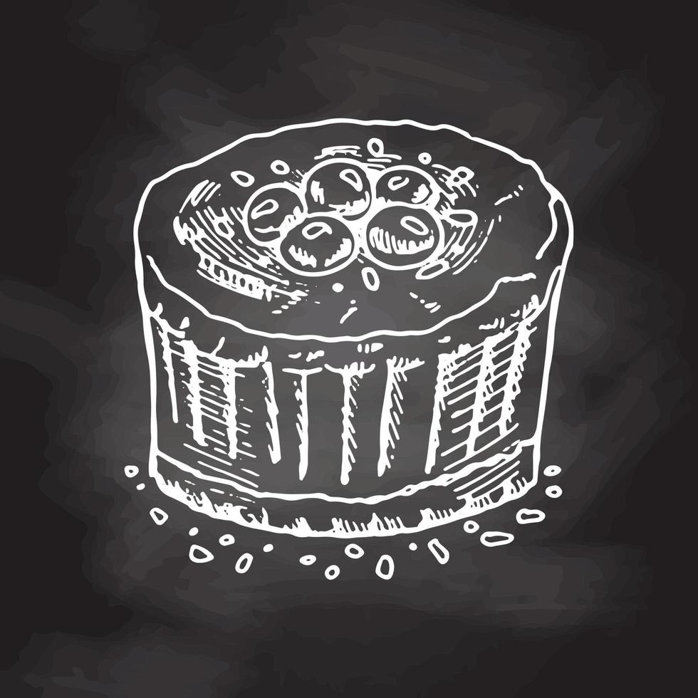 gustoso cremoso dolce dolce. Vintage ▾ vettore monocromatico illustrazione. mano disegnato schizzo di delizioso torta con mirtilli. bianca schizzo isolato su nero lavagna. icone e elementi per Stampa.