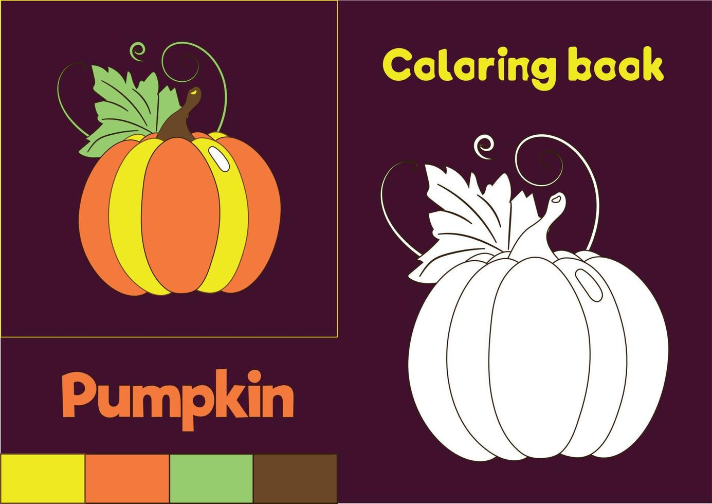 colorazione libro zucca per il Halloween vacanza. vettore illustrazione di un' zucca schema su un' viola sfondo per bambini per colore. finito colorazione libro con un arancia autunno verdura.