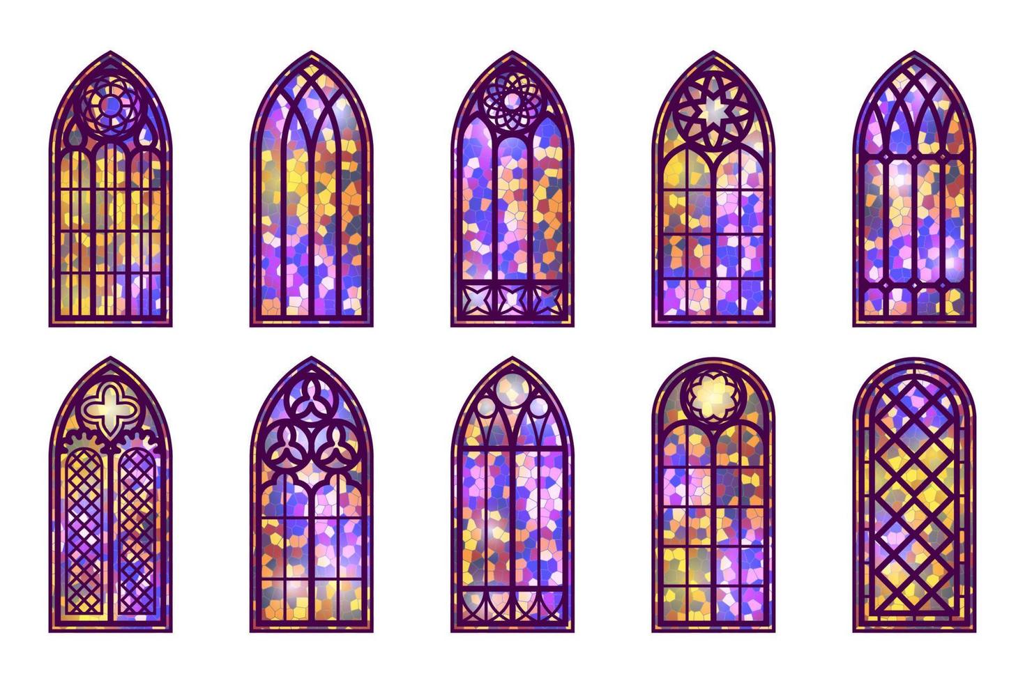 set di finestre gotiche. cornici da chiesa vintage in vetro colorato. elemento di architettura europea tradizionale. vettore