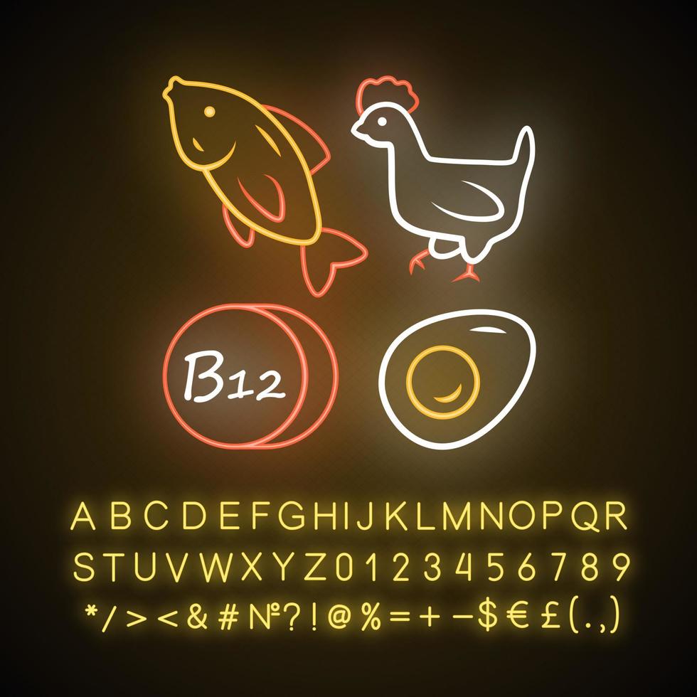 vitamina b12 neon leggero icona. pesce, pollame e uovo. salutare mangiare. cobalamina naturale cibo fonte. corretto nutrizione. raggiante cartello con alfabeto, numeri e simboli. vettore isolato illustrazione