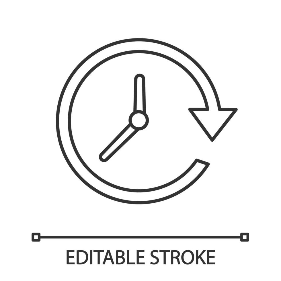 aggiornare lineare icona. magro linea illustrazione. senso orario. orologio con cerchio freccia. contorno simbolo. vettore isolato schema disegno. modificabile ictus