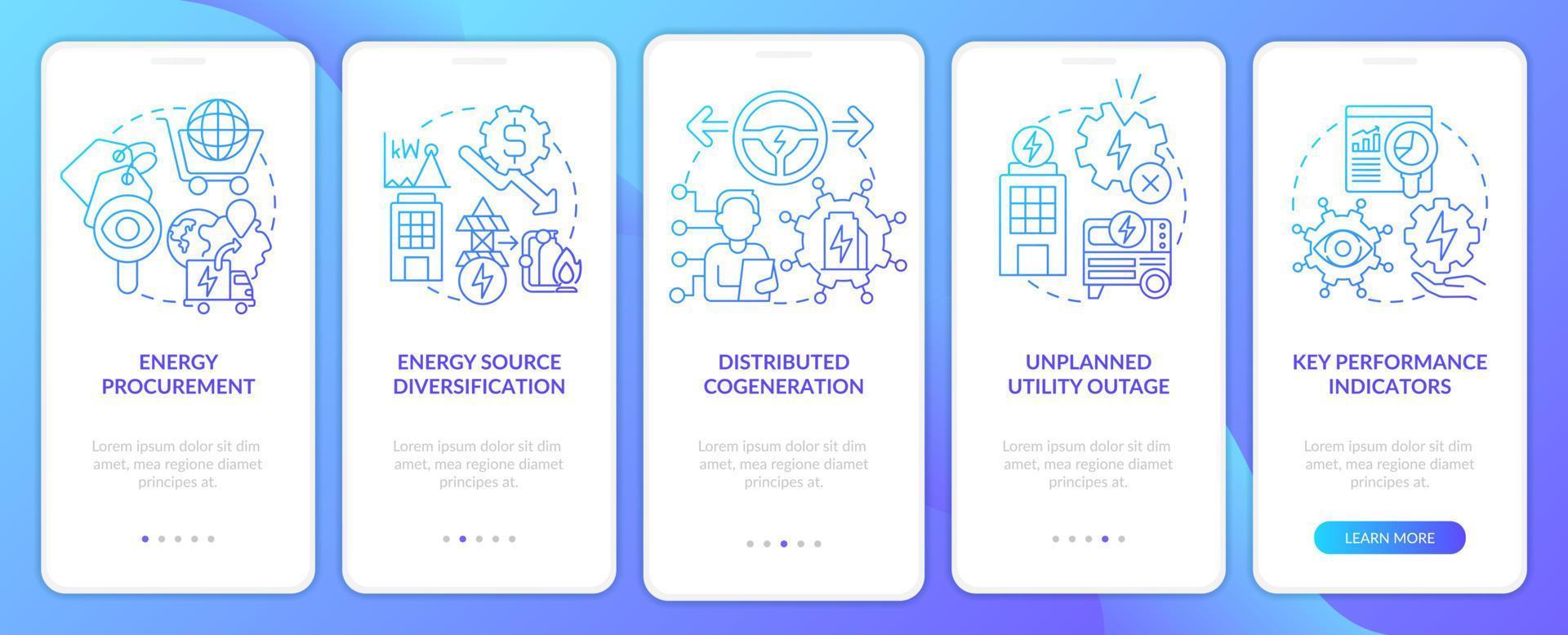 riuscito energia gestione blu pendenza onboarding mobile App schermo. Procedura dettagliata 5 passaggi grafico Istruzioni pagine con lineare concetti. ui, ux, gui modello. vettore