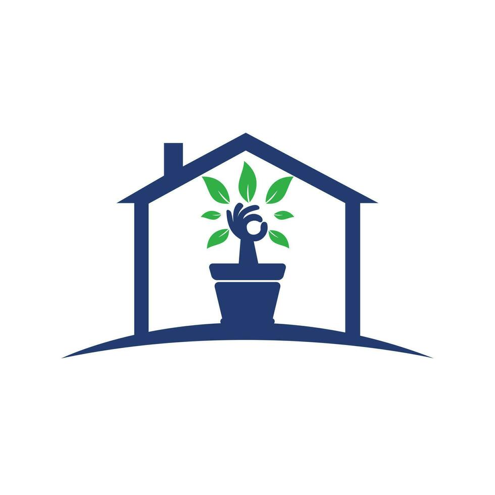 ecologico giardino casa vettore logo design. mano albero con fiore pentola icona design.