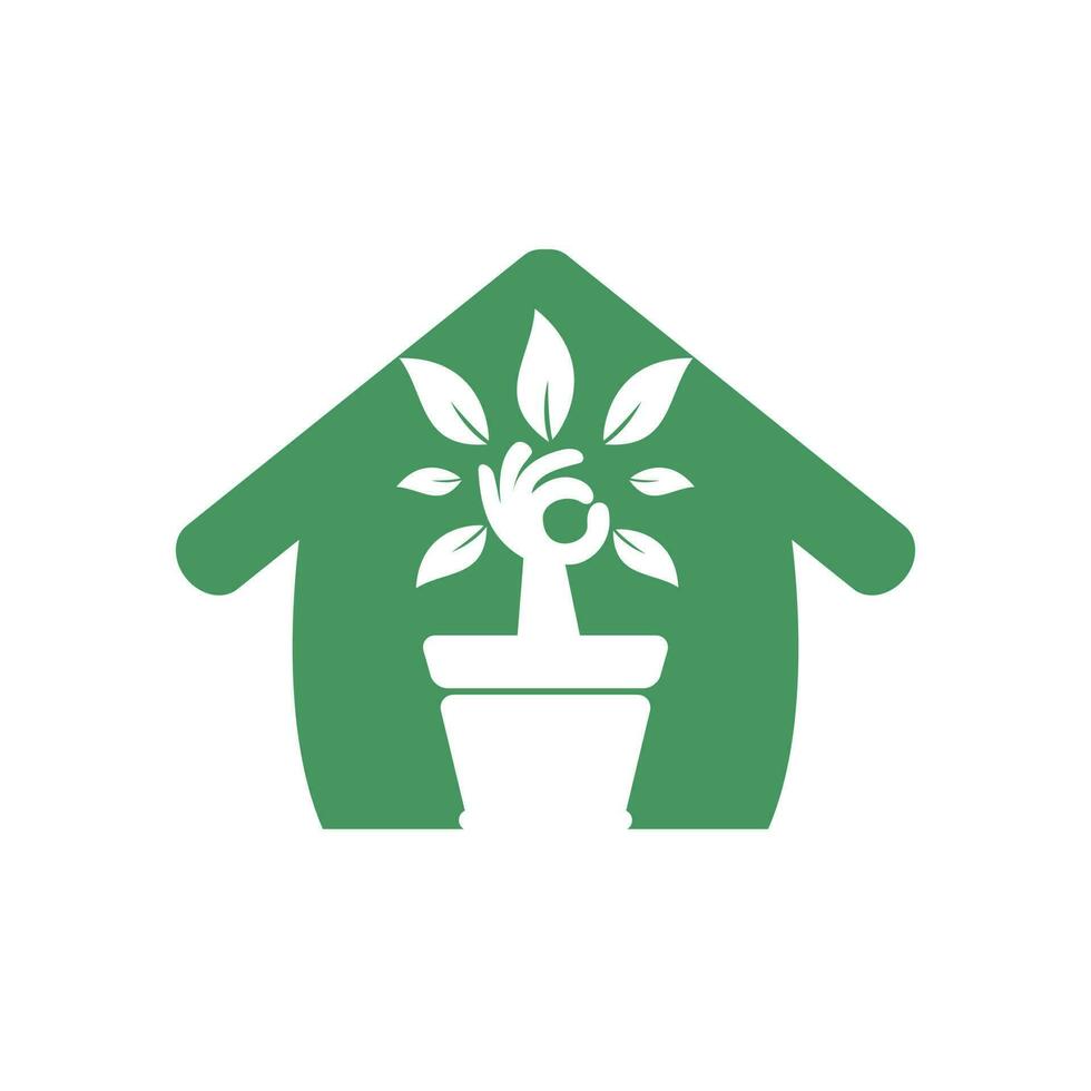 ecologico giardino casa vettore logo design. mano albero con fiore pentola icona design.