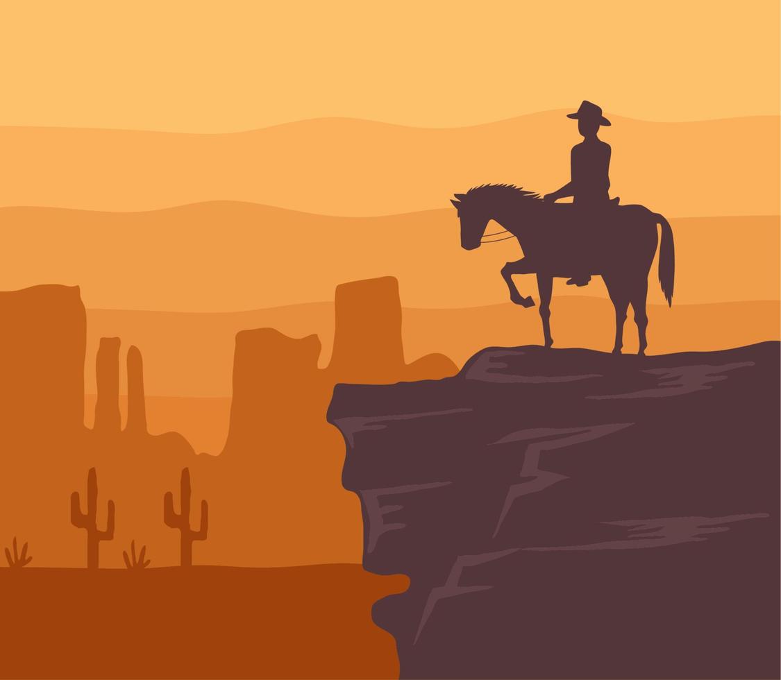 cowboy nel deserto tramonto vettore