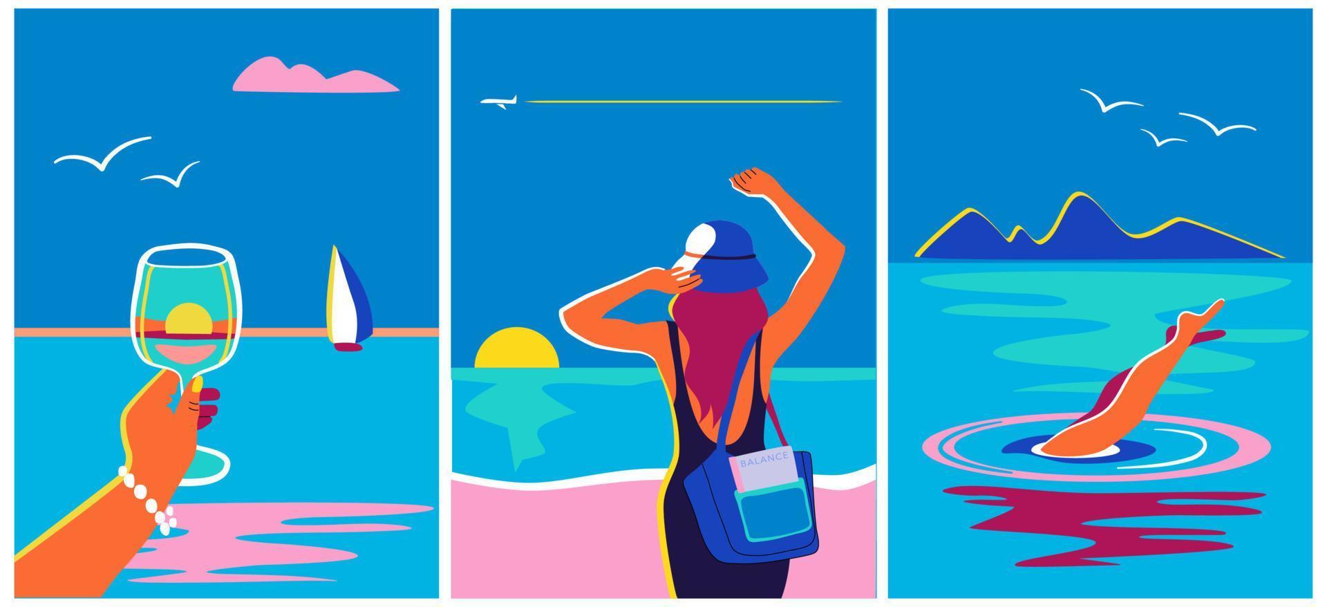 un' impostato di concettuale illustrazioni che rappresentano estate fine, godendo vita, sognando. donna a il mare, immersione nel il mare, Tenere un' bicchiere di Champagne. vettore