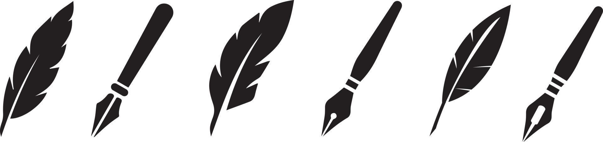 impostato Fontana penna icona, logo. piuma penna d'oca penna logo. Fontana penna semplice silhouette. vettore