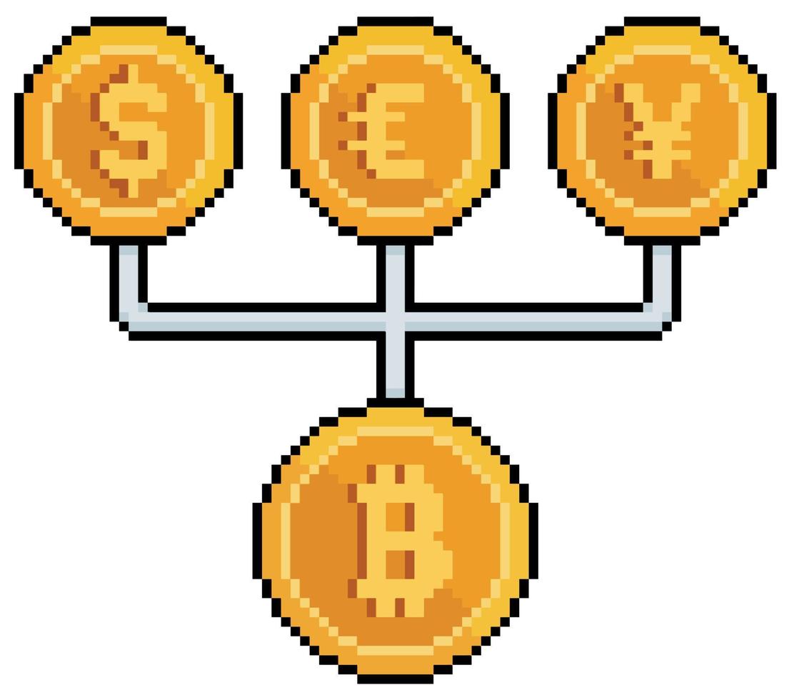 pixel arte bitcoin controllo fiat valute dollaro, Euro, yen vettore icona per 8 bit gioco su bianca sfondo