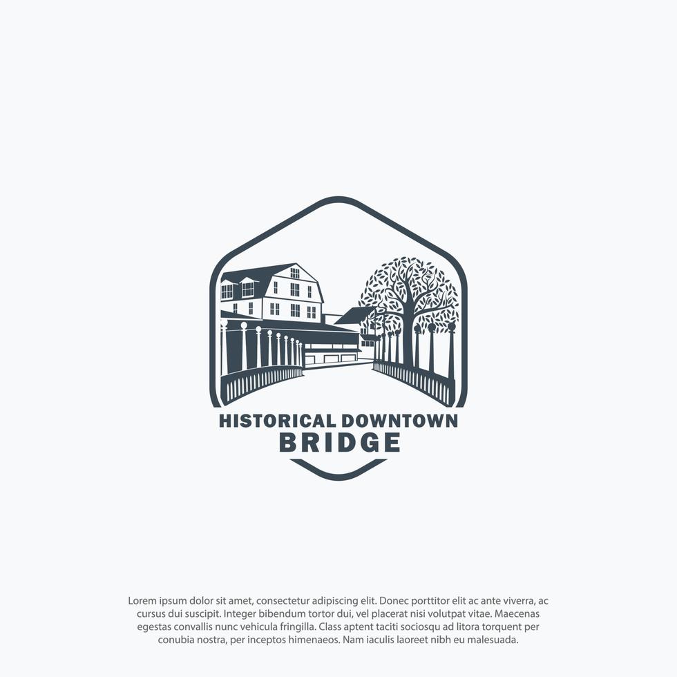 Vintage ▾ retrò ponte, fiume e centro paesaggio silhouette Visualizza logo vettore design