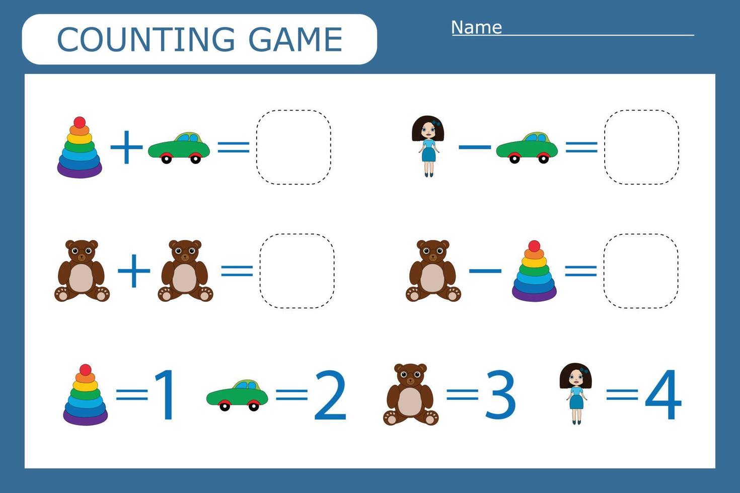 gioco di conteggio con giocattoli divertenti. foglio di lavoro in età prescolare, foglio di attività per bambini, foglio di lavoro stampabile vettore