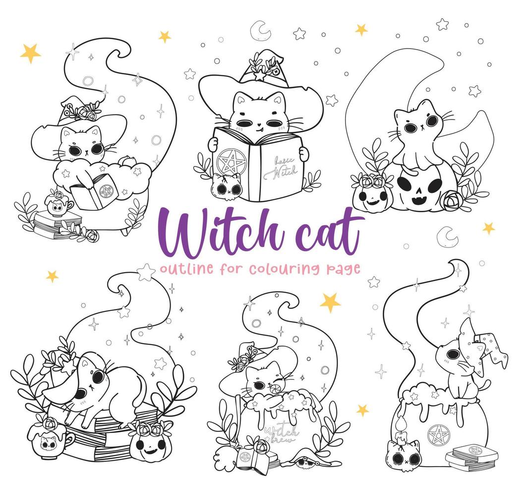 carino Halloween Magia strega gatto cartone animato schema scarabocchio impostato vettore per colorazione libro