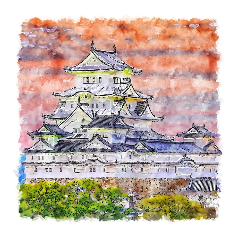 himeji castello Giappone acquerello schizzo mano disegnato illustrazione vettore