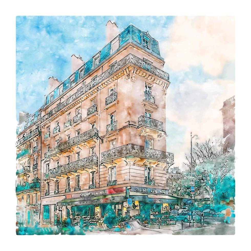 illustrazione disegnata a mano di schizzo dell'acquerello di architettura parigi francia vettore