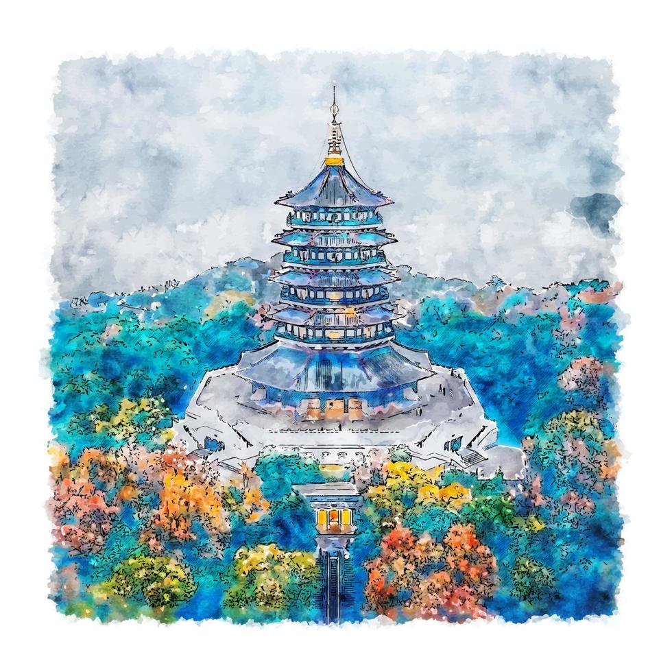 leifeng pagoda Cina acquerello schizzo mano disegnato illustrazione vettore