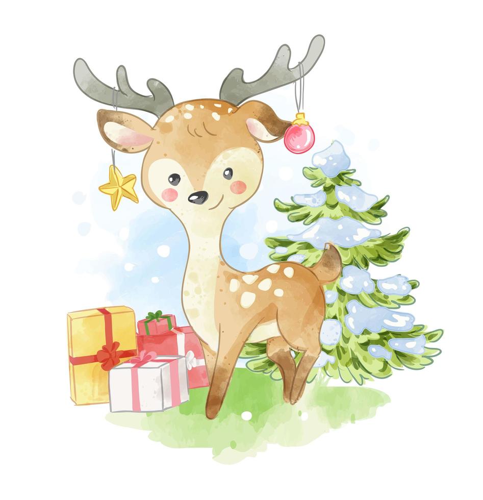 cervo con regali e ornamenti su palchi vettore