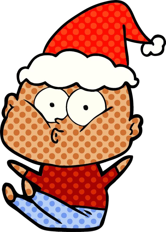 illustrazione in stile fumetto di un uomo calvo che fissa indossando il cappello di Babbo Natale vettore