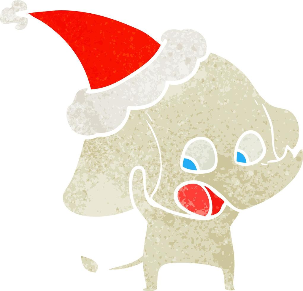 simpatico cartone animato retrò di un elefante che indossa il cappello di Babbo Natale vettore