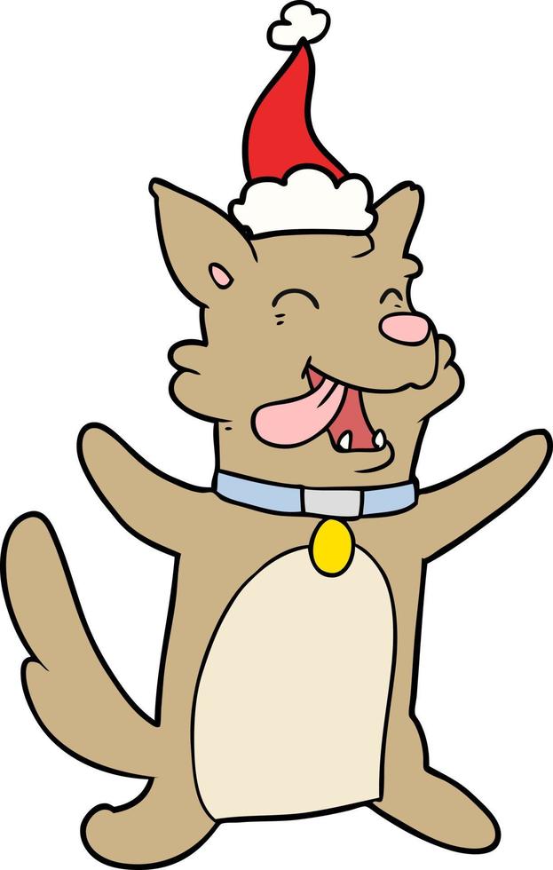 disegno a tratteggio di un cane felice che indossa il cappello di Babbo Natale vettore