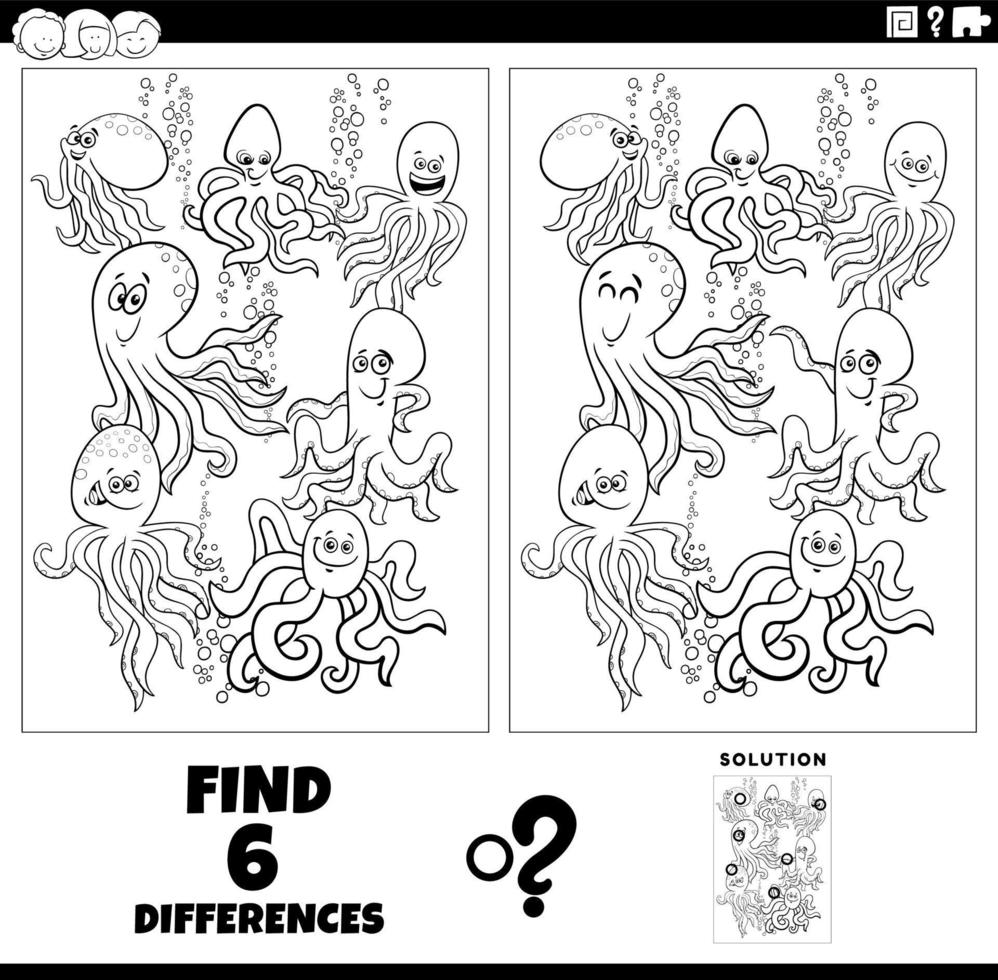 differenze gioco con cartone animato polpo colorazione pagina vettore
