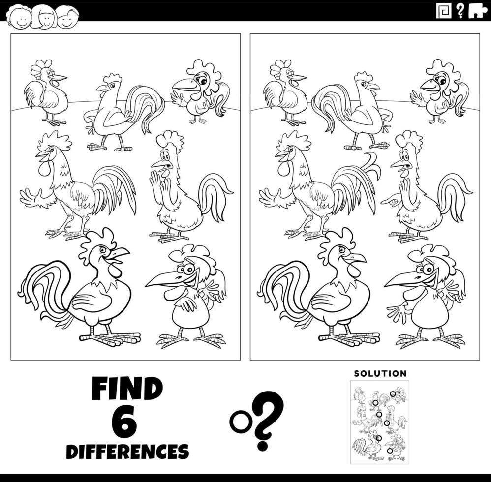 differenze gioco con cartone animato galli colorazione pagina vettore