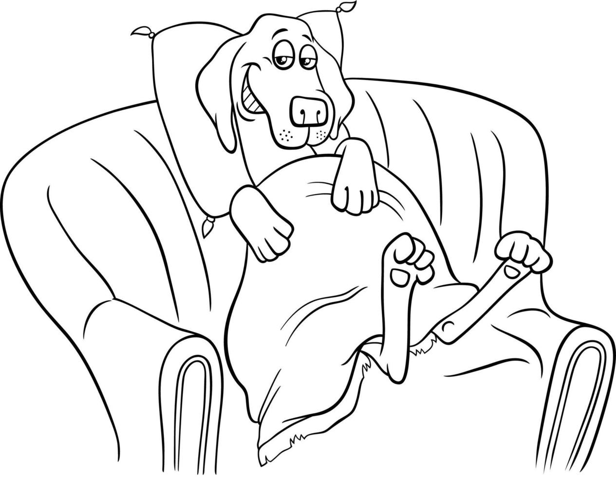cartone animato cane personaggio riposo su un' divano colorazione pagina vettore