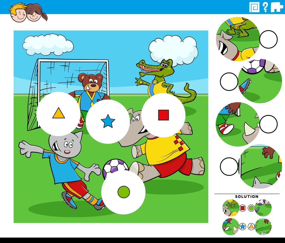 incontro pezzi compito con cartone animato animali giocando calcio vettore