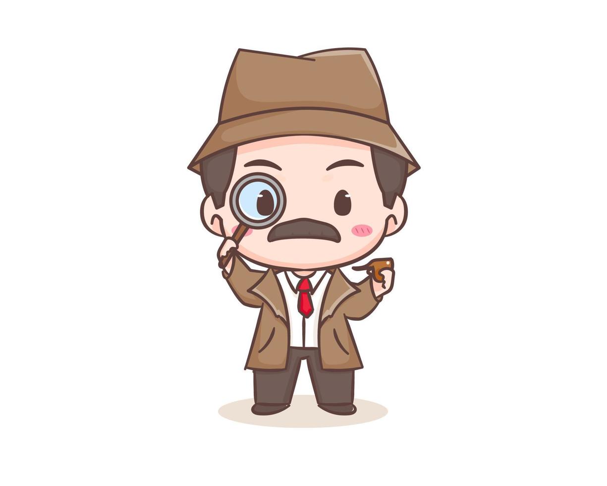 carino investigatore cartone animato portafortuna carattere. chibi illustrazione vettore arte. professione icona concetto isolato. piatto logo cartone animato stile