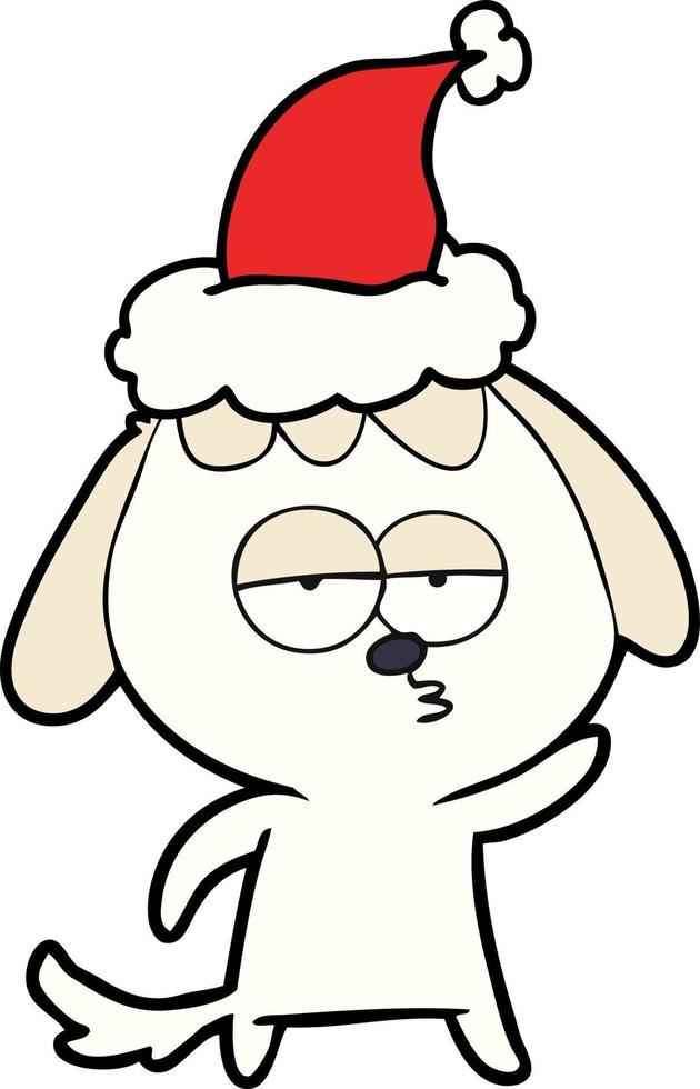 disegno a tratteggio di un cane annoiato che indossa il cappello di Babbo Natale vettore