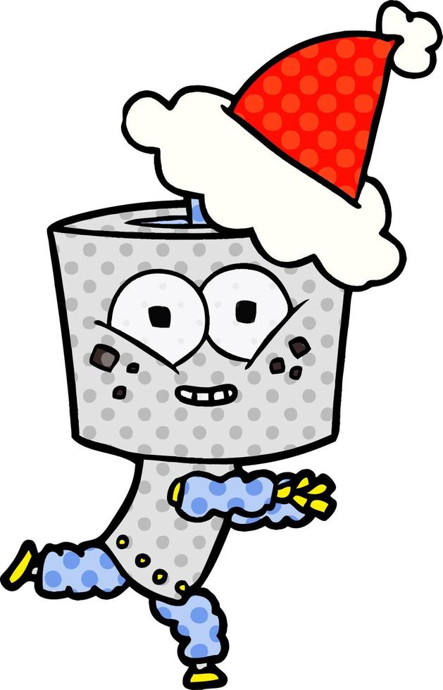 felice illustrazione in stile fumetto di un robot che indossa il cappello di Babbo Natale vettore