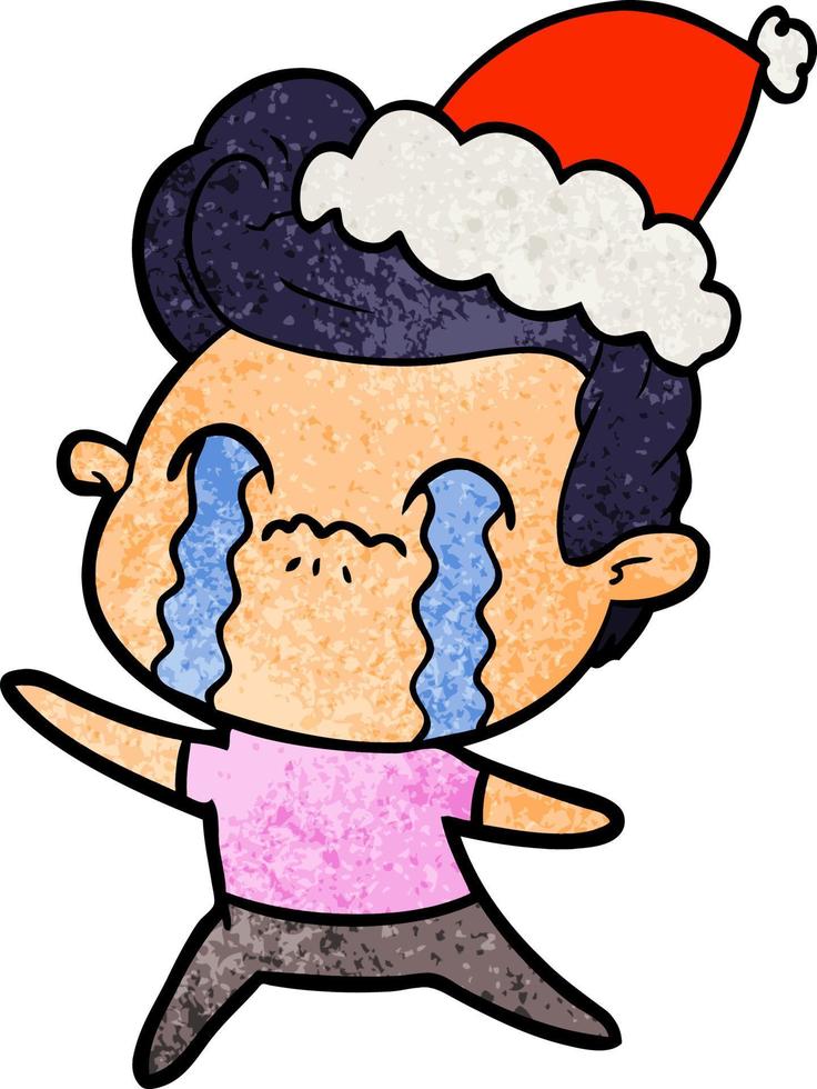 cartone animato strutturato di un uomo che piange indossando il cappello di Babbo Natale vettore