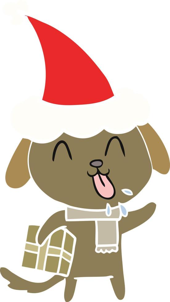 carino piatto colore illustrazione di un' cane con Natale presente indossare Santa cappello vettore