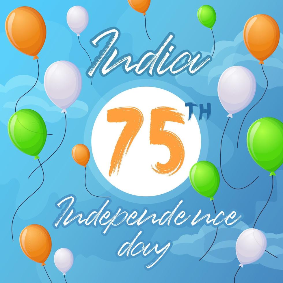 indipendenza giorno di India piazza striscione. azione vettore illustrazione nel piatto cartone animato stile. 75 th anniversario di India. arancia, bianca e verde ballons nel il cielo.