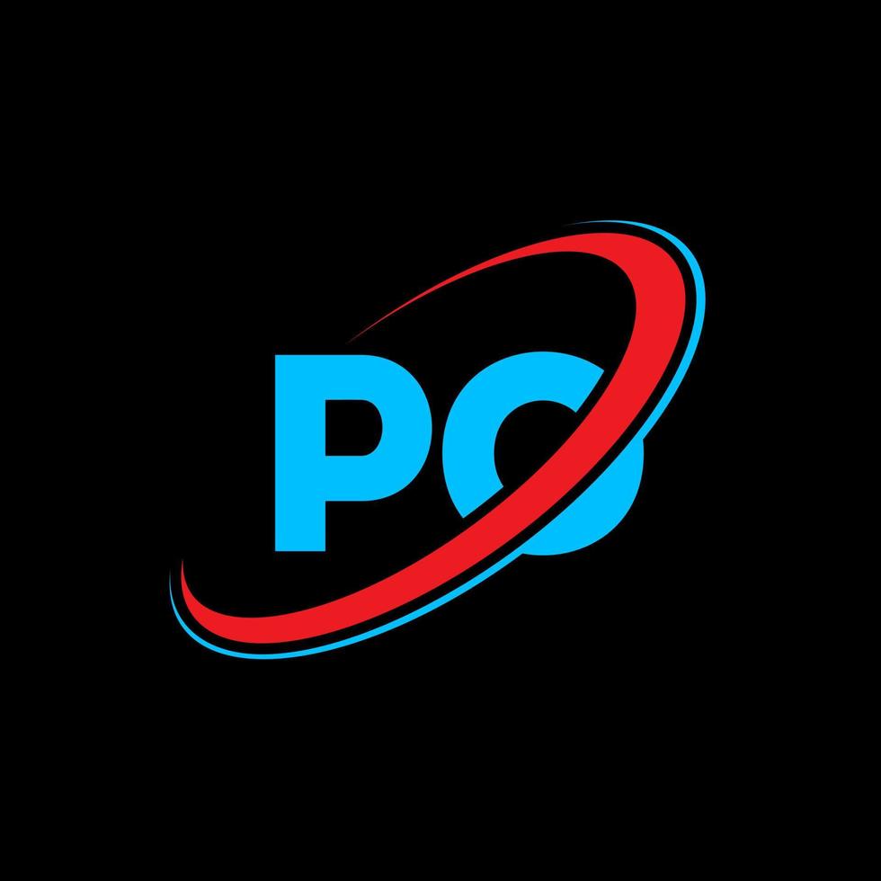 Po p o lettera logo design. iniziale lettera Po connesso cerchio maiuscolo monogramma logo rosso e blu. Po logo, p o design. po, p o vettore