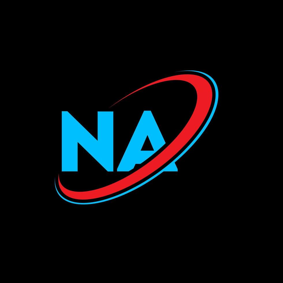 n / A logo. n / A design. blu e rosso n / A lettera. n / A lettera logo design. iniziale lettera n / A connesso cerchio maiuscolo monogramma logo. vettore