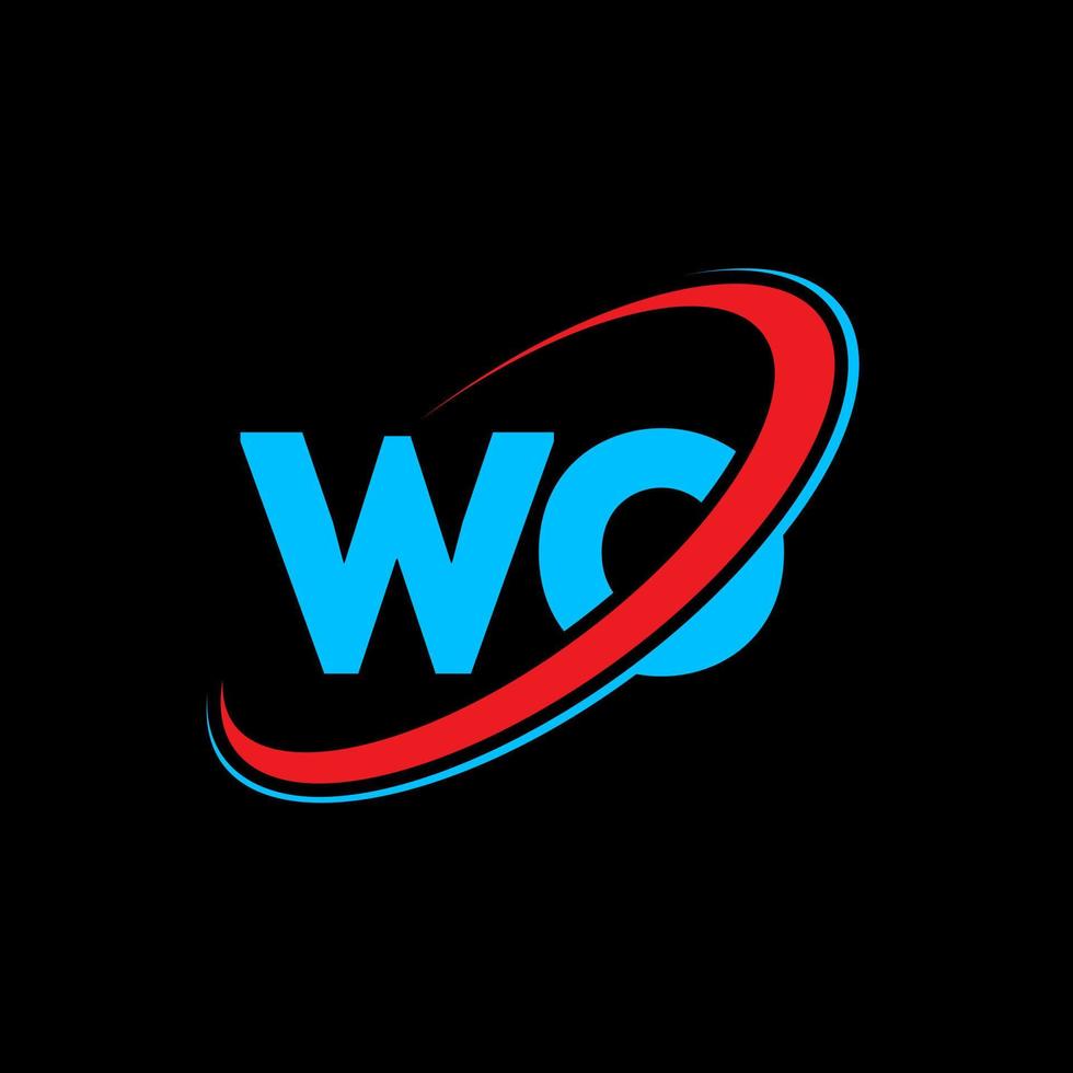 wo w o lettera logo design. iniziale lettera wo connesso cerchio maiuscolo monogramma logo rosso e blu. wo logo, w o design. wow, w o vettore