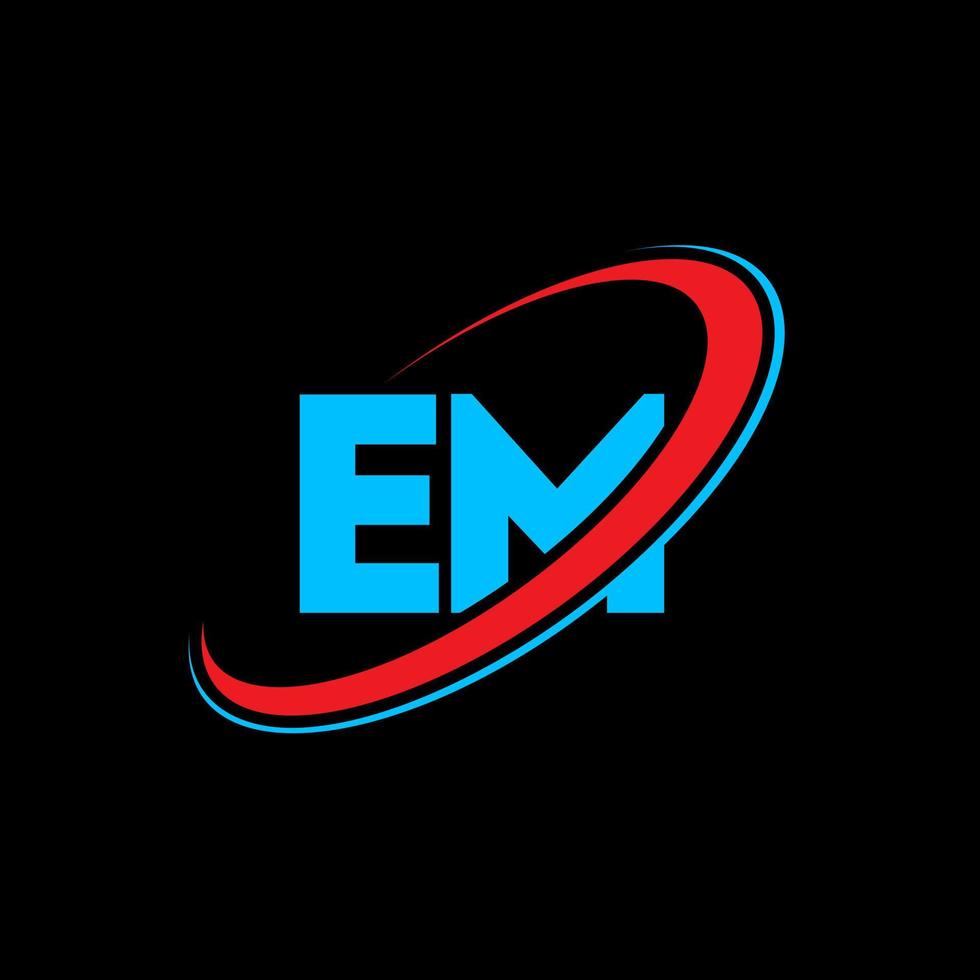 em e m lettera logo design. iniziale lettera em connesso cerchio maiuscolo monogramma logo rosso e blu. em logo, e m design. em, e m vettore