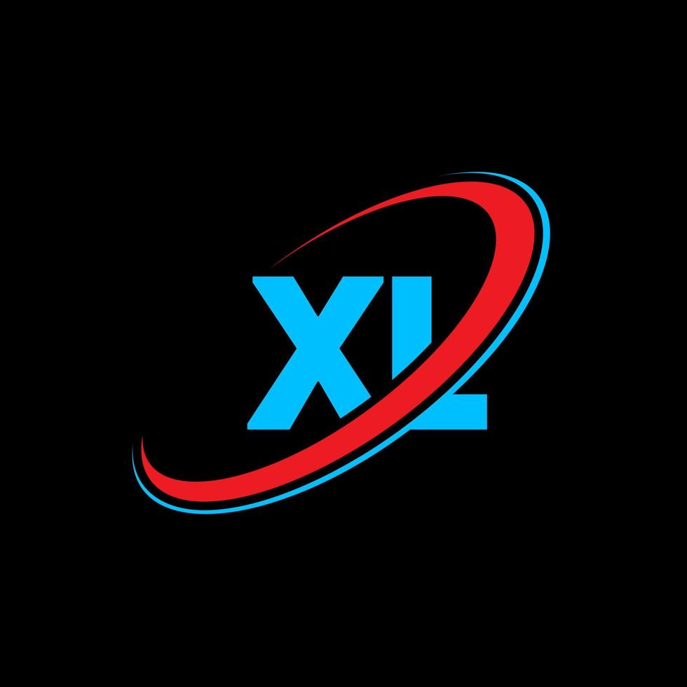 xl X l lettera logo design. iniziale lettera xl connesso cerchio maiuscolo monogramma logo rosso e blu. xl logo, X l design. xl, X l vettore