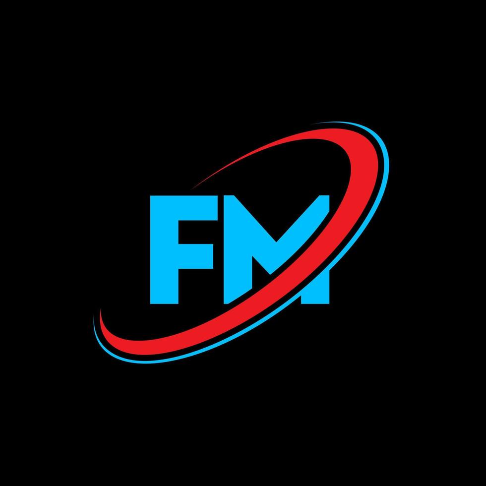 fm f m lettera logo design. iniziale lettera fm connesso cerchio maiuscolo monogramma logo rosso e blu. fm logo, f m design. fm, f m vettore