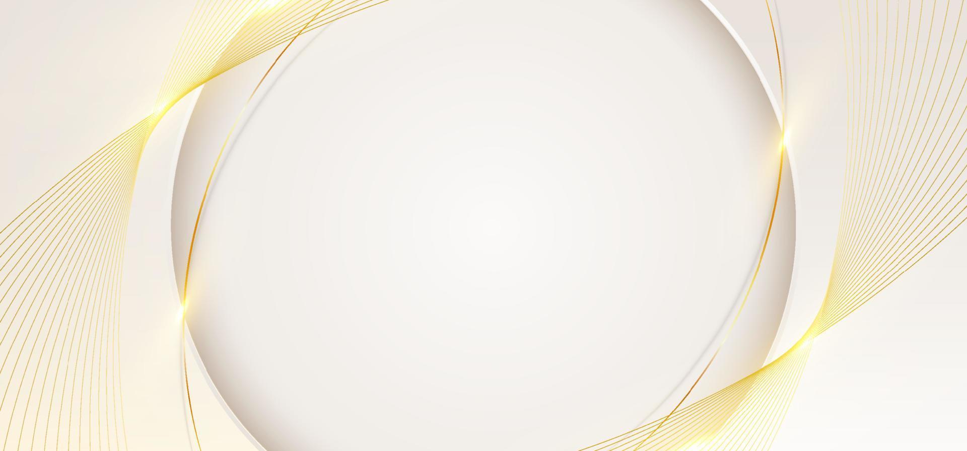 3d moderno lusso bandiera modello design bianca cerchio forma con d'oro curvo Linee leggero scintillamento su pulito sfondo vettore