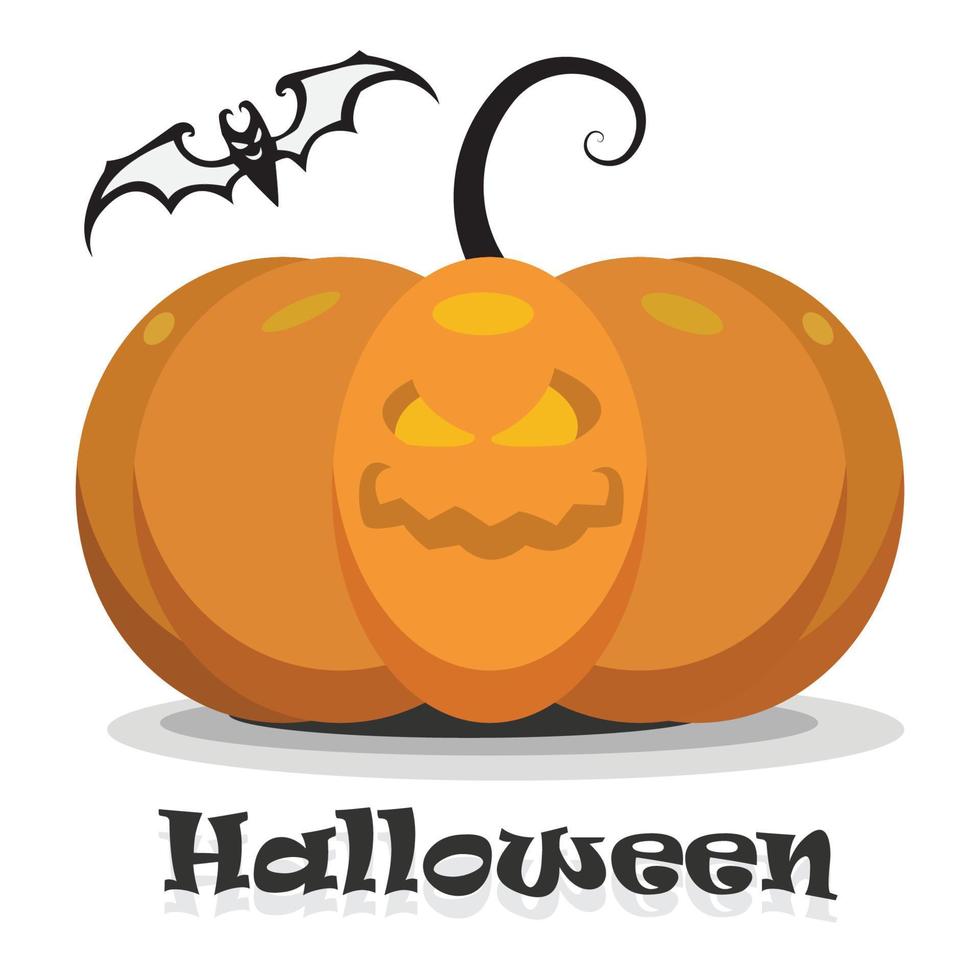 Halloween zucca con contento viso e nero pipistrello su bianca sfondo. isolato piatto vettore cartone animato illustrazione per il vacanza hollaween.